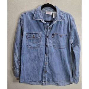 Vintage Bill Blass Jeans Denim Button Down Shirt‎ Medium 90s Logo Tab Cotton